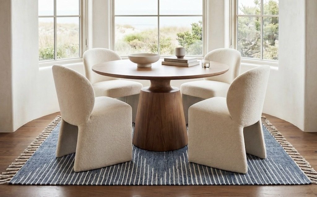 Soft blues and subtle patterns define Annie Selke's new denim rugs